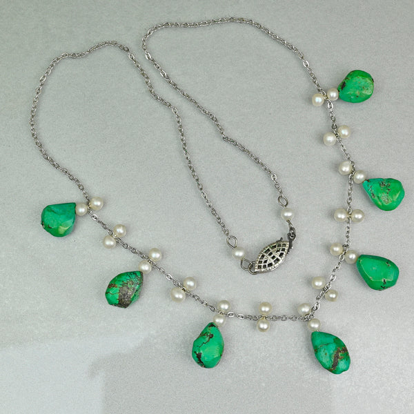 Art Deco Turquoise Pearl Sterling Silver Fringe Necklace