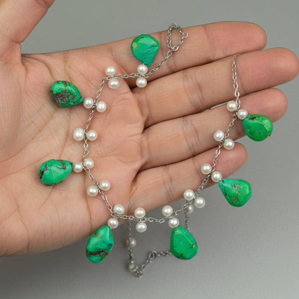 Art Deco Turquoise Pearl Sterling Silver Fringe Necklace