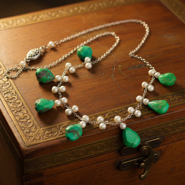 Art Deco Turquoise Pearl Sterling Silver Fringe Necklace