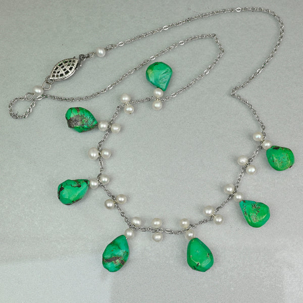 Art Deco Turquoise Pearl Sterling Silver Fringe Necklace