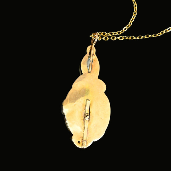 Antique 14K Gold Biedermeier Blue Enamel Leaf Pendant