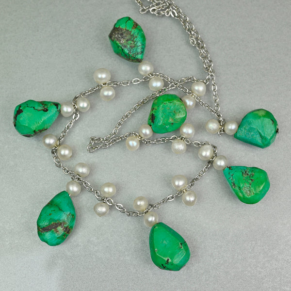 Art Deco Turquoise Pearl Sterling Silver Fringe Necklace