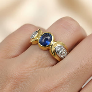 Wide 14K Gold Diamond Sapphire Cabochon Ring Band - Boylerpf