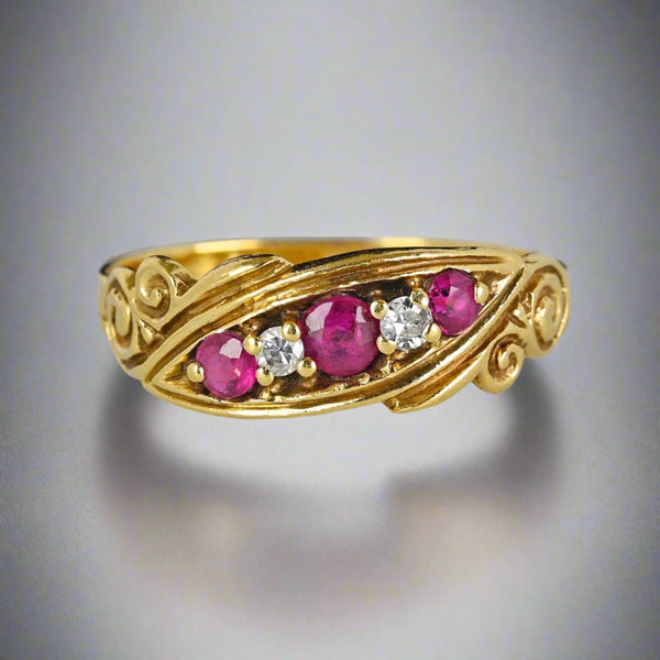 Antique 14K Gold Five Stone Diamond Ruby Ring Band - Boylerpf