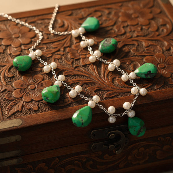 Art Deco Turquoise Pearl Sterling Silver Fringe Necklace