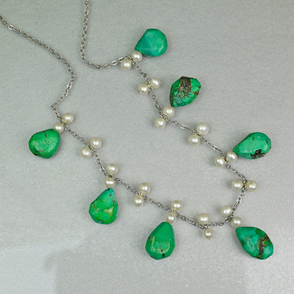 Art Deco Turquoise Pearl Sterling Silver Fringe Necklace