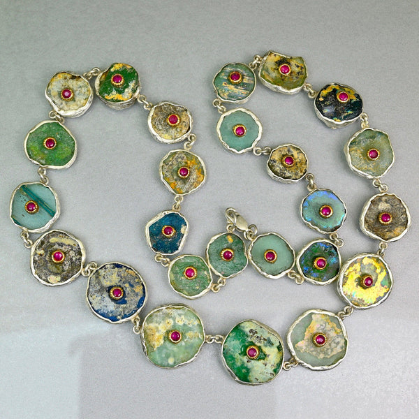 Roman Glass Necklace with 14K Gold Ruby Sterling Silver