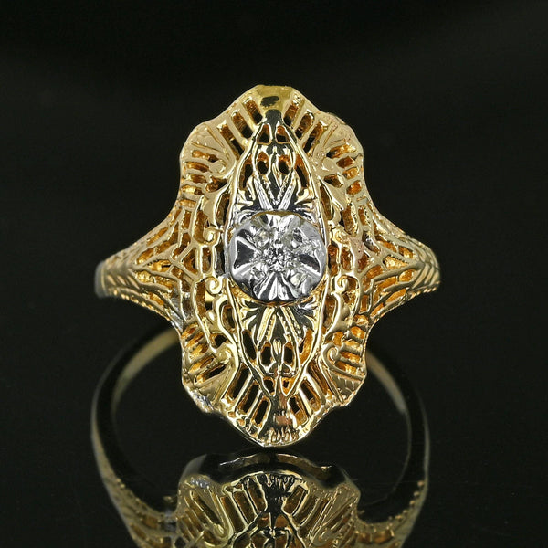 Vintage 10K Gold Filigree Diamond Shield Ring, Art Deco - Boylerpf