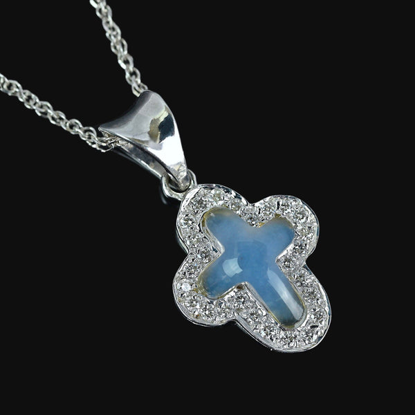 14K Gold Blue Chalcedony Diamond Cross Pendant Necklace - Boylerpf