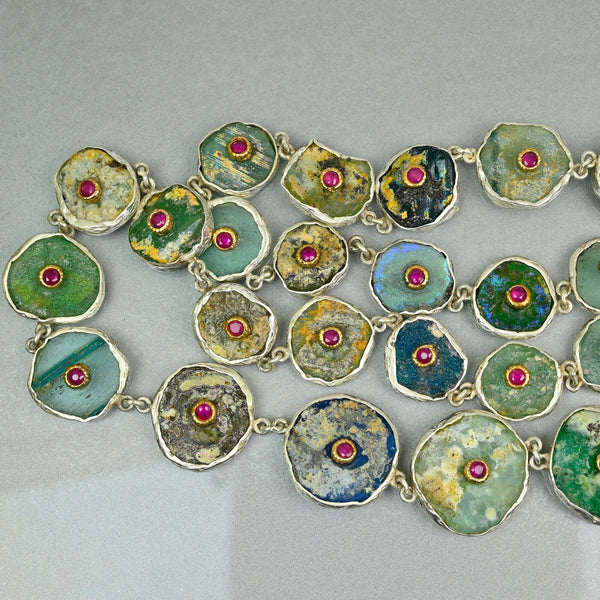 Roman Glass Necklace with 14K Gold Ruby Sterling Silver