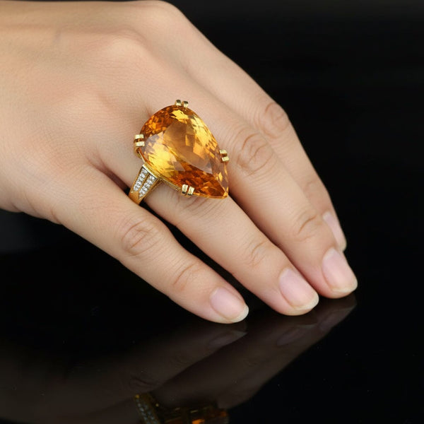 Vintage Heavy 18K Gold Diamond Pear Cut Citrine Ring - Boylerpf