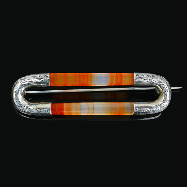 Antique Victorian Silver Scottish Banded Agate Brooch Kilt Pin - Boylerpf