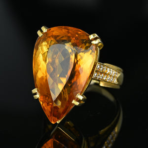 Vintage Heavy 18K Gold Diamond Pear Cut Citrine Ring - Boylerpf