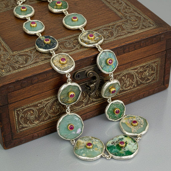 Roman Glass Necklace with 14K Gold Ruby Sterling Silver