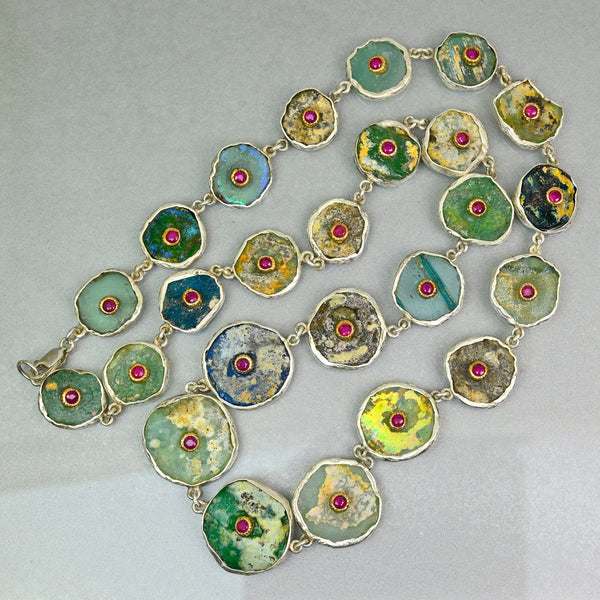 Roman Glass Necklace with 14K Gold Ruby Sterling Silver
