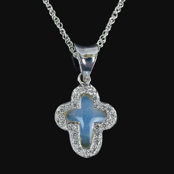 14K Gold Blue Chalcedony Diamond Cross Pendant Necklace - Boylerpf