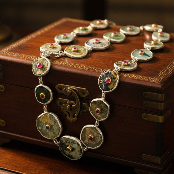 Roman Glass Necklace with 14K Gold Ruby Sterling Silver