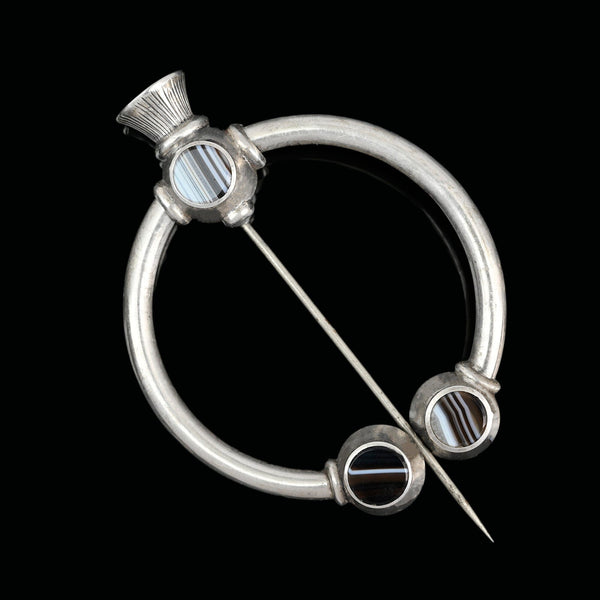 Antique Silver Scottish Banded Agate Penannular Brooch Kilt Pin