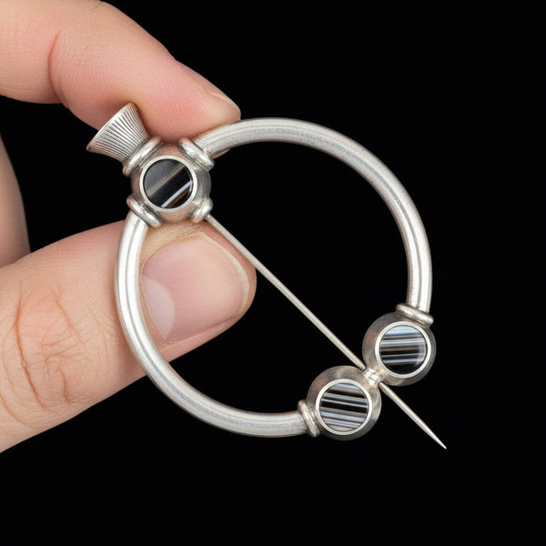Antique Silver Scottish Banded Agate Penannular Brooch Kilt Pin