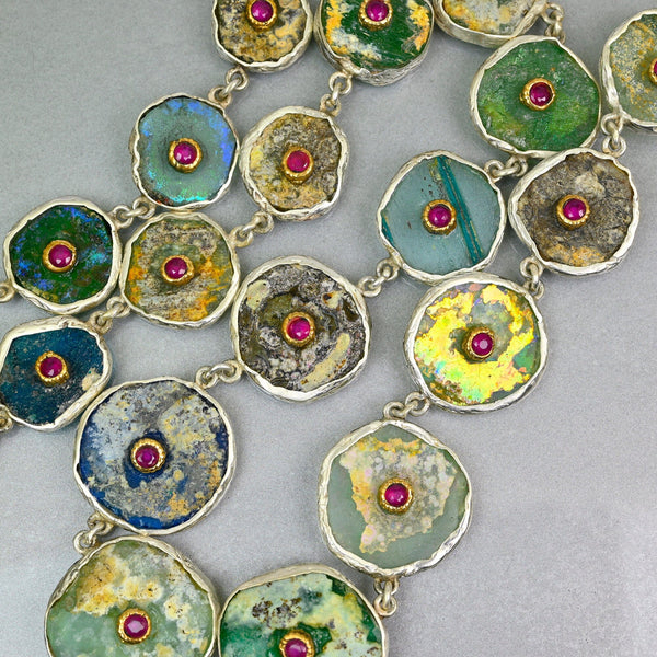 Roman Glass Necklace with 14K Gold Ruby Sterling Silver