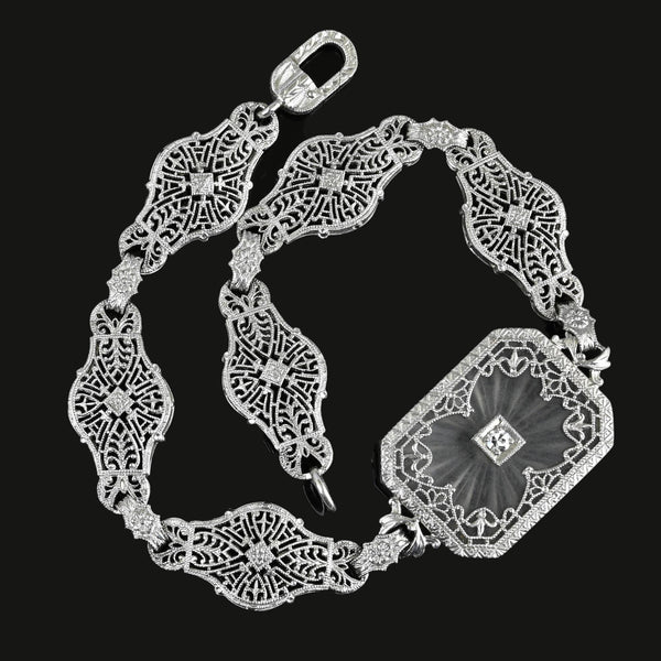 Art Deco Platinum Filigree Diamond Rock Crystal Bracelet - Boylerpf