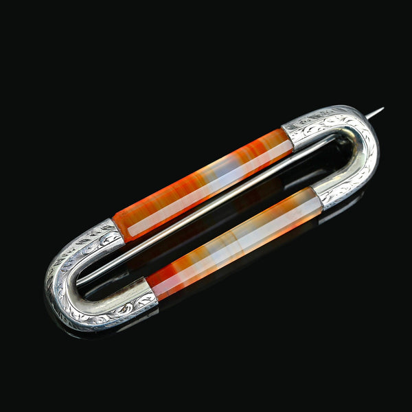 Antique Victorian Silver Scottish Banded Agate Brooch Kilt Pin - Boylerpf
