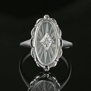 Art Deco Diamond Starburst Camphor Glass Ring in 10K White Gold - Boylerpf