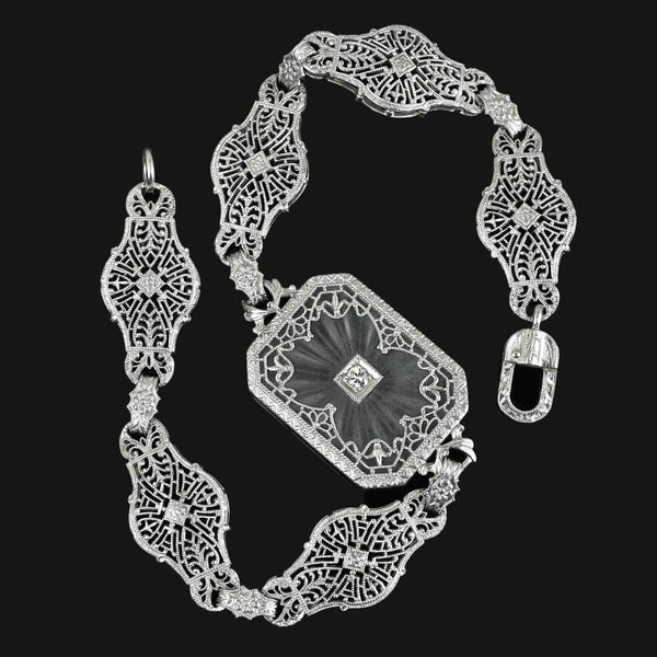 Art Deco Platinum Filigree Diamond Rock Crystal Bracelet - Boylerpf