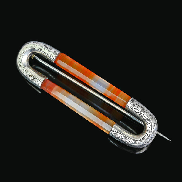 Antique Victorian Silver Scottish Banded Agate Brooch Kilt Pin - Boylerpf
