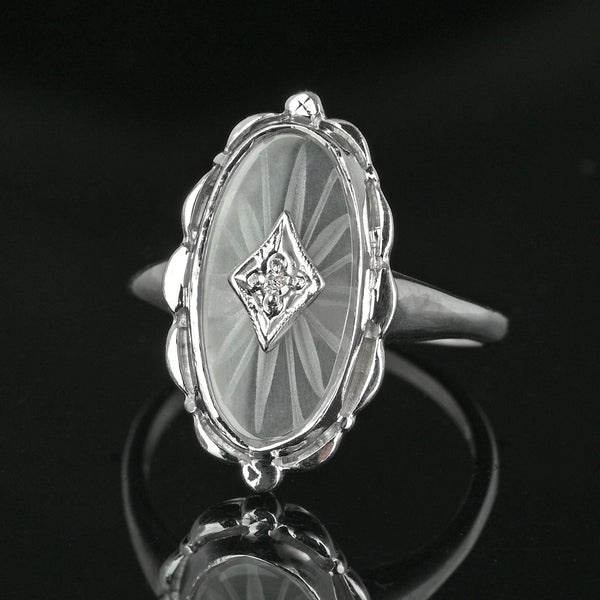 Art Deco Diamond Starburst Camphor Glass Ring in 10K White Gold - Boylerpf