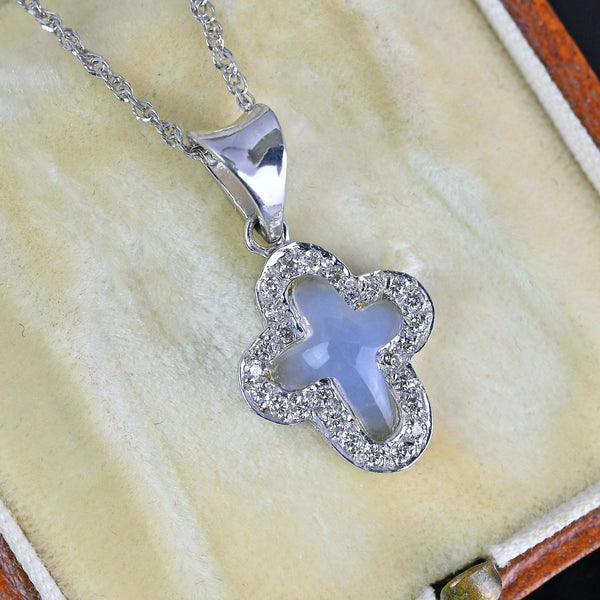14K Gold Blue Chalcedony Diamond Cross Pendant Necklace - Boylerpf