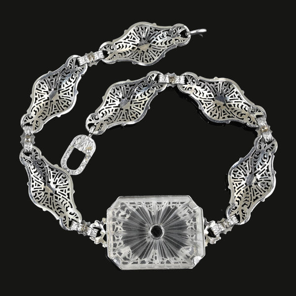 Art Deco Platinum Filigree Diamond Rock Crystal Bracelet - Boylerpf