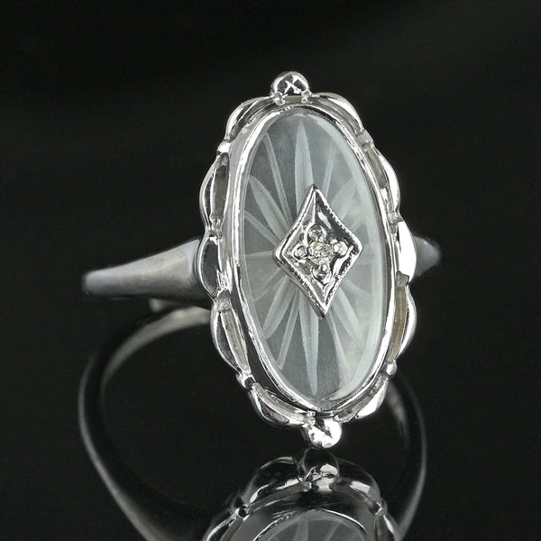 Art Deco Diamond Starburst Camphor Glass Ring in 10K White Gold - Boylerpf