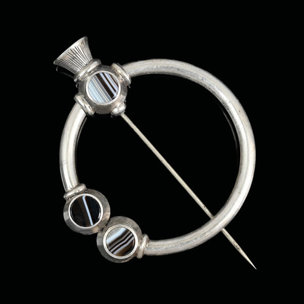 Antique Silver Scottish Banded Agate Penannular Brooch Kilt Pin