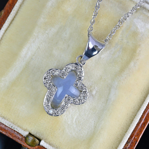 14K Gold Blue Chalcedony Diamond Cross Pendant Necklace - Boylerpf