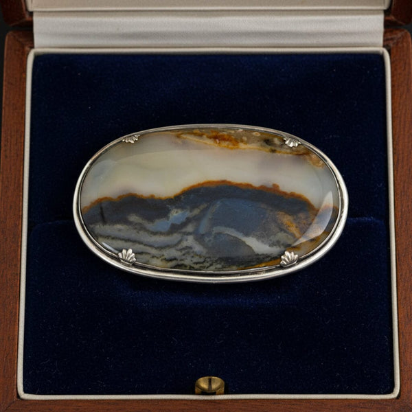 Antique Scottish Agate Brooch 3" Silver Pin Statement