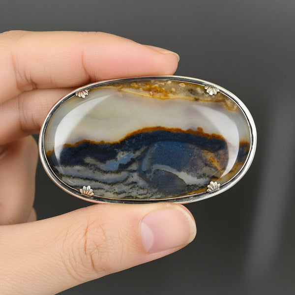 Antique Scottish Agate Brooch 3" Silver Pin Statement