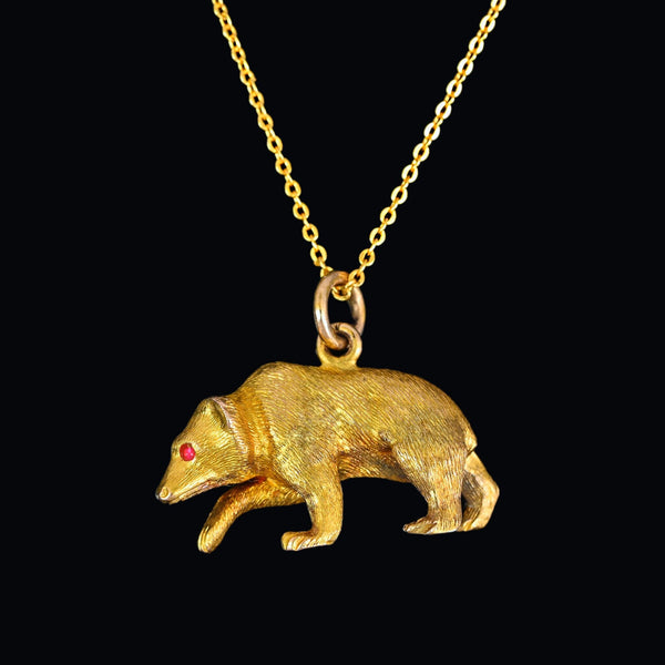 Antique 14K Gold Ruby Eyed Walking Grizzly Bear Pendant Charm - Boylerpf