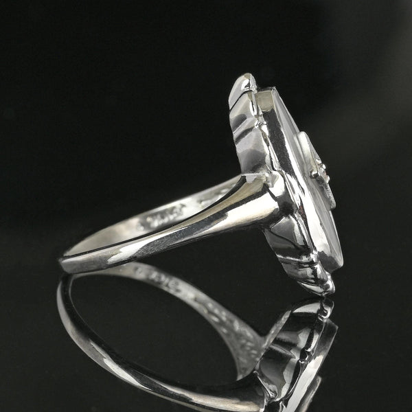 Art Deco Diamond Starburst Camphor Glass Ring in 10K White Gold - Boylerpf