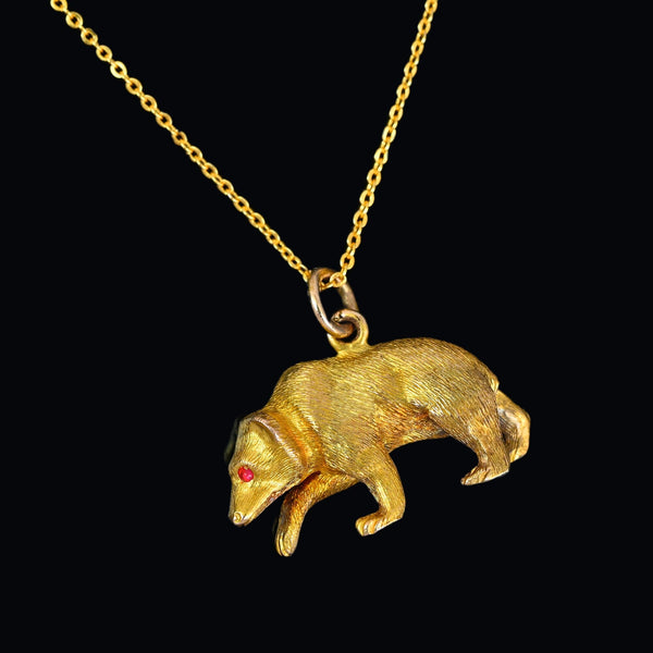 Antique 14K Gold Ruby Eyed Walking Grizzly Bear Pendant Charm - Boylerpf