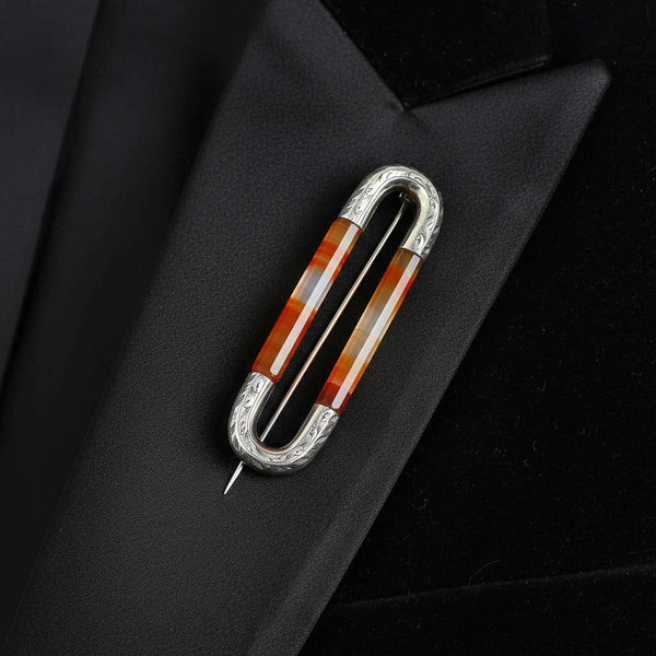 Antique Victorian Silver Scottish Banded Agate Brooch Kilt Pin - Boylerpf
