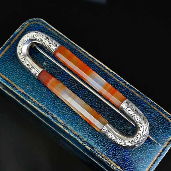 Antique Victorian Silver Scottish Banded Agate Brooch Kilt Pin - Boylerpf