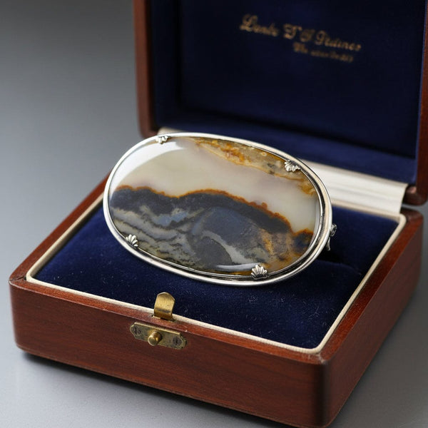 Antique Scottish Agate Brooch 3" Silver Pin Statement