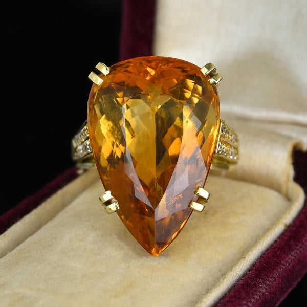 Vintage Heavy 18K Gold Diamond Pear Cut Citrine Ring - Boylerpf