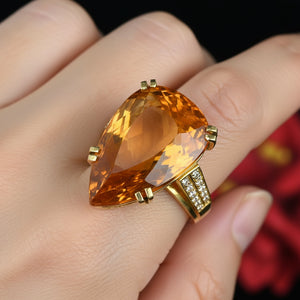 Vintage Heavy 18K Gold Diamond Pear Cut Citrine Ring - Boylerpf