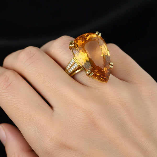 Vintage Heavy 18K Gold Diamond Pear Cut Citrine Ring - Boylerpf
