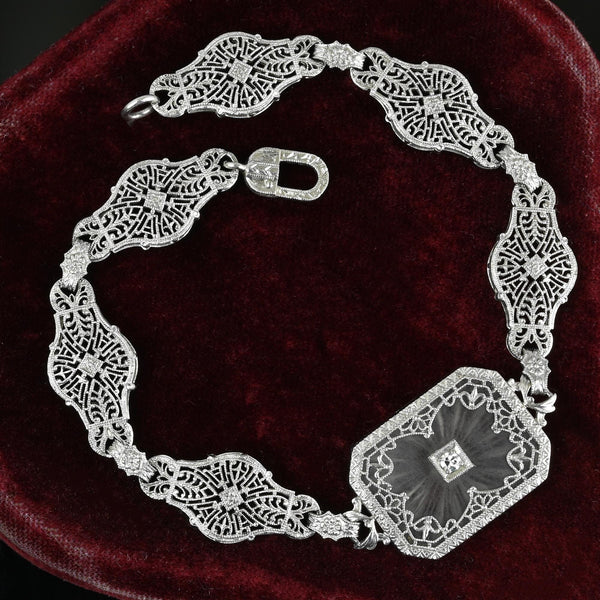 Art Deco Platinum Filigree Diamond Rock Crystal Bracelet - Boylerpf