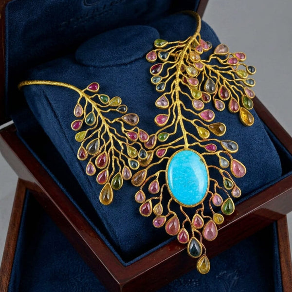 Gold Vermeil Natural Tourmaline Peacock Bib Necklace