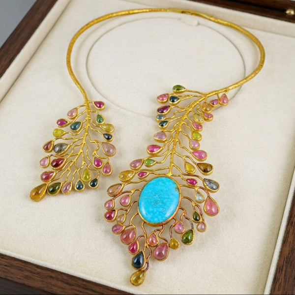 Gold Vermeil Natural Tourmaline Peacock Bib Necklace