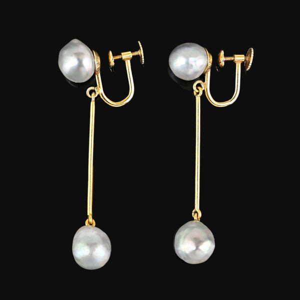 Vintage Gray Baroque Pearl Drop Earrings 14K Gold